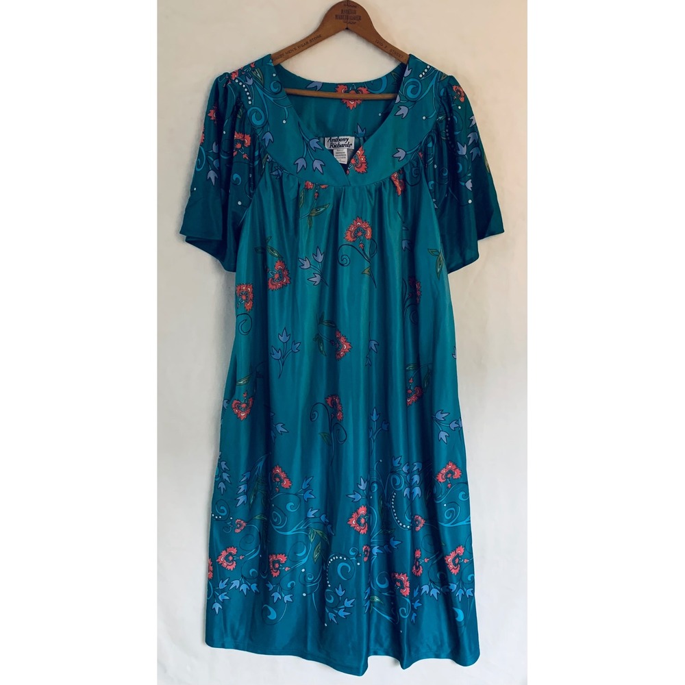 Anthony Richards House Dress Womens 1X Teal‎ Floral Lounger Muumuu Night Gown